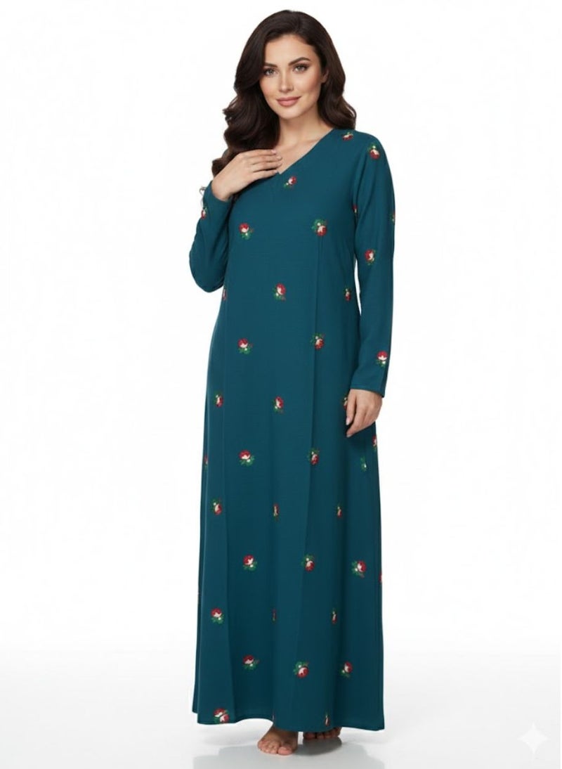 بريميم جلابية نسائية ماكسي بلون أخضر مخضر بطبعة براعم الورد - جلابية رمضان - بياقة على شكل حرف V، وأكمام طويلة، وقماش محبوك ناعم مطاطي، ونقشة زهور بسيطة - Image 2